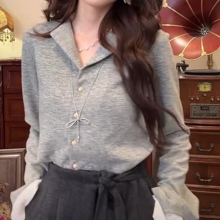 FA50243# 秋冬加绒加厚港风复古纯色长袖上衣开衫 服裝批發女裝批發服飾貨源