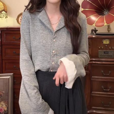 FA50243# 秋冬加绒加厚港风复古纯色长袖上衣开衫 服裝批發女裝批發服飾貨源