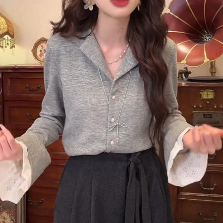 FA50243# 秋冬加绒加厚港风复古纯色长袖上衣开衫 服裝批發女裝批發服飾貨源