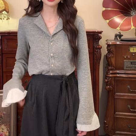 FA50243# 秋冬加绒加厚港风复古纯色长袖上衣开衫 服裝批發女裝批發服飾貨源