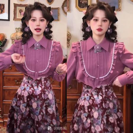 FA50244# 甘蓝紫秋冬复古设计感荷叶边打条加厚长袖衬衫女 服裝批發女裝批發服飾貨源