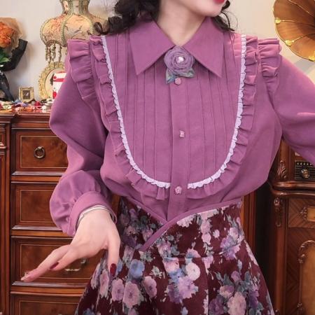 FA50244# 甘蓝紫秋冬复古设计感荷叶边打条加厚长袖衬衫女 服裝批發女裝批發服飾貨源
