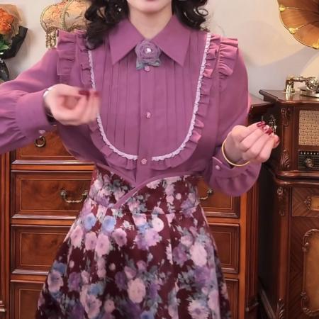 FA50244# 甘蓝紫秋冬复古设计感荷叶边打条加厚长袖衬衫女 服裝批發女裝批發服飾貨源