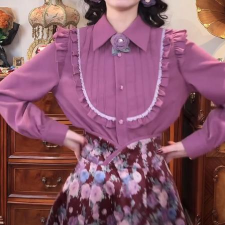 FA50244# 甘蓝紫秋冬复古设计感荷叶边打条加厚长袖衬衫女 服裝批發女裝批發服飾貨源