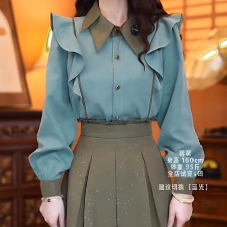 FA50245# 砂金绿秋冬简约拼色小众气质设计感长袖衬衫厚实上衣 服裝批發女裝批發服飾貨源