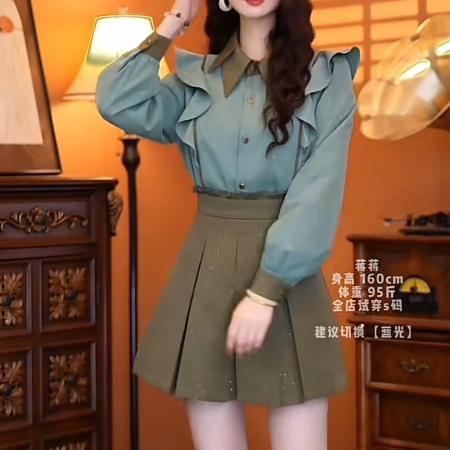 FA50245# 砂金绿秋冬简约拼色小众气质设计感长袖衬衫厚实上衣 服裝批發女裝批發服飾貨源