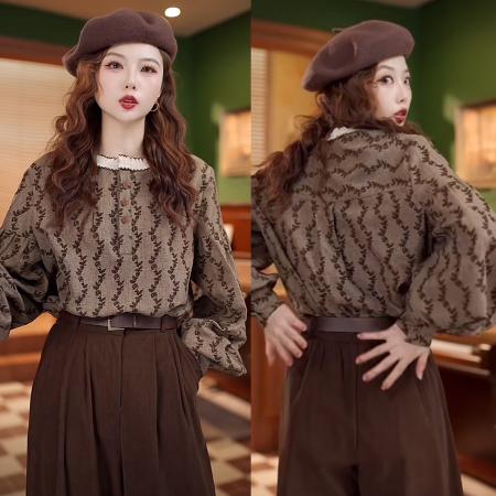 FA50246# 戴安娜秋季复古时尚气质磨毛印花设计感衬衫上衣 服裝批發女裝批發服飾貨源