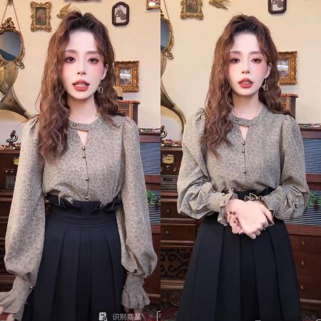 FA50247# 秋冬复古气质暗花豹纹设计感衬衫 服裝批發女裝批發服飾貨源