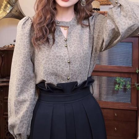 FA50247# 秋冬复古气质暗花豹纹设计感衬衫 服裝批發女裝批發服飾貨源