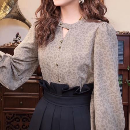 FA50247# 秋冬复古气质暗花豹纹设计感衬衫 服裝批發女裝批發服飾貨源