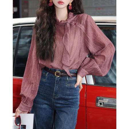 FA50249# 莓果枝头港风复古条纹绑带长袖百搭宽松衬衫百搭通勤上衣 服裝批發女裝批發服飾貨源