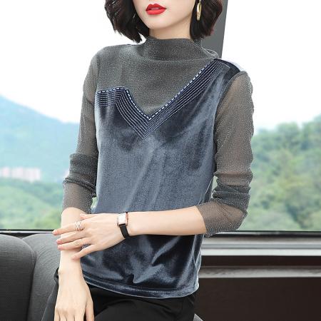 FA50250# 半高领打底衫女秋冬新款金丝绒网纱内搭上衣长袖t恤 服裝批發女裝批發服飾貨源