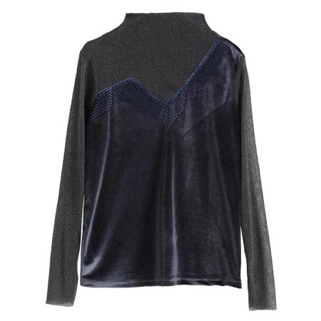 FA50250# 半高领打底衫女秋冬新款金丝绒网纱内搭上衣长袖t恤 服裝批發女裝批發服飾貨源