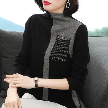 FA50252# 抓绒加厚打底衫女长袖春秋新款高领内搭烫钻洋气百搭时尚小衫 服裝批發女裝批發服飾貨源