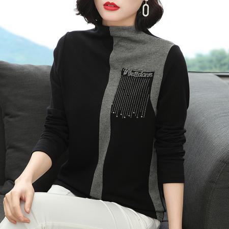 FA50252# 抓绒加厚打底衫女长袖春秋新款高领内搭烫钻洋气百搭时尚小衫 服裝批發女裝批發服飾貨源