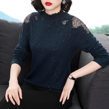 FA50256# 高领打底衫女秋冬新款修身长袖性感镂空洋气小衫内搭亮丝上衣 服裝批發女裝批發服飾貨源