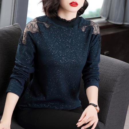 FA50256# 高领打底衫女秋冬新款修身长袖性感镂空洋气小衫内搭亮丝上衣 服裝批發女裝批發服飾貨源