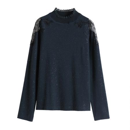 FA50256# 高领打底衫女秋冬新款修身长袖性感镂空洋气小衫内搭亮丝上衣 服裝批發女裝批發服飾貨源