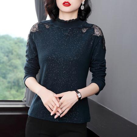FA50256# 高领打底衫女秋冬新款修身长袖性感镂空洋气小衫内搭亮丝上衣 服裝批發女裝批發服飾貨源