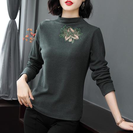 FA50259# 刺绣镂空小衫秋冬磨毛长袖内搭洋气上衣半高领打底衫女 服裝批發女裝批發服飾貨源