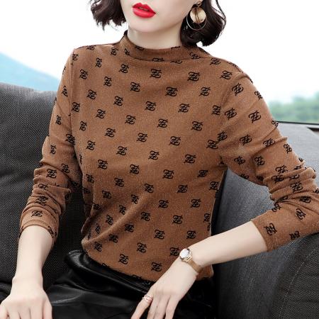 FA50260# 半高领打底衫秋冬新款外穿印花网纱上衣洋气长袖t恤女 服裝批發女裝批發服飾貨源