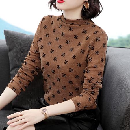 FA50260# 半高领打底衫秋冬新款外穿印花网纱上衣洋气长袖t恤女 服裝批發女裝批發服飾貨源