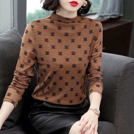 FA50260# 半高领打底衫秋冬新款外穿印花网纱上衣洋气长袖t恤女 服裝批發女裝批發服飾貨源