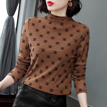 FA50260# 半高领打底衫秋冬新款外穿印花网纱上衣洋气长袖t恤女 服裝批發女裝批發服飾貨源