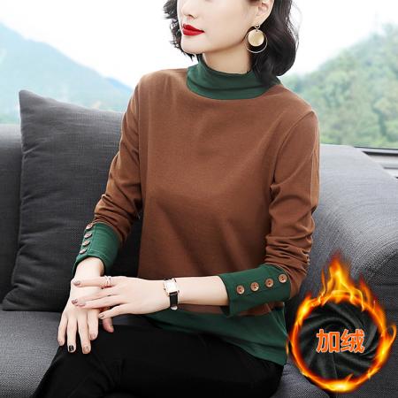 FA50261# 长袖半高领打底衫女秋装新款韩版加绒撞色上衣装秋冬小衫 服裝批發女裝批發服飾貨源