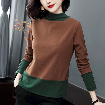 FA50261# 长袖半高领打底衫女秋装新款韩版加绒撞色上衣装秋冬小衫 服裝批發女裝批發服飾貨源