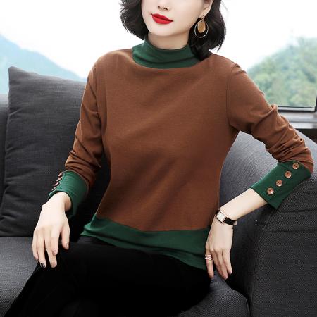 FA50261# 长袖半高领打底衫女秋装新款韩版加绒撞色上衣装秋冬小衫 服裝批發女裝批發服飾貨源