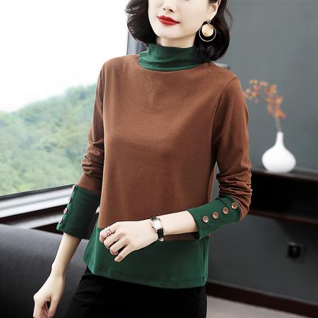 FA50261# 长袖半高领打底衫女秋装新款韩版加绒撞色上衣装秋冬小衫 服裝批發女裝批發服飾貨源