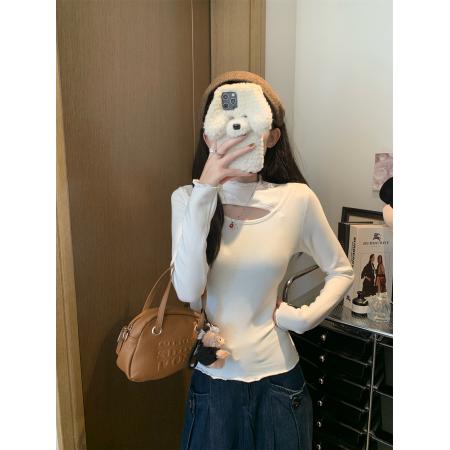 FA50268# 德绒半高领打底衫女秋冬季修身内搭镂空长袖t恤上衣 服裝批發女裝批發服飾貨源