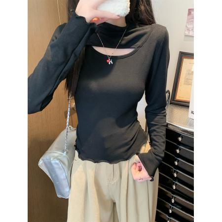 FA50268# 德绒半高领打底衫女秋冬季修身内搭镂空长袖t恤上衣 服裝批發女裝批發服飾貨源