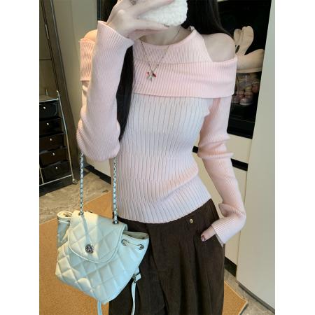 FA50271# 假两件露肩长袖针织衫女秋季小众减龄别致显瘦上衣 服裝批發女裝批發服飾貨源