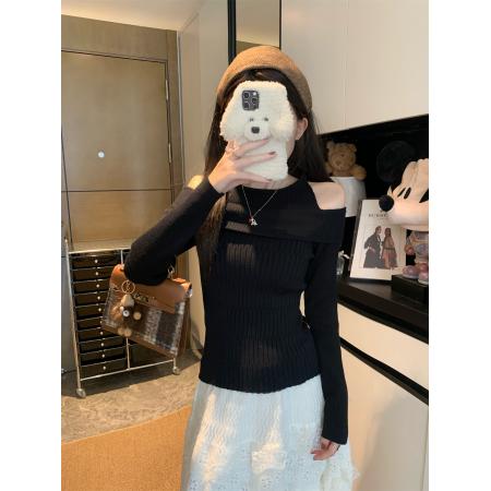 FA50271# 假两件露肩长袖针织衫女秋季小众减龄别致显瘦上衣 服裝批發女裝批發服飾貨源