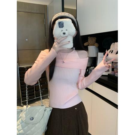 FA50271# 假两件露肩长袖针织衫女秋季小众减龄别致显瘦上衣 服裝批發女裝批發服飾貨源