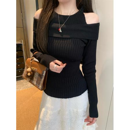 FA50271# 假两件露肩长袖针织衫女秋季小众减龄别致显瘦上衣 服裝批發女裝批發服飾貨源