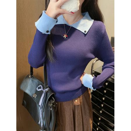 FA50275# 拼色修身POLO上衣假两件针织衫翻领T恤 服裝批發女裝批發服飾貨源