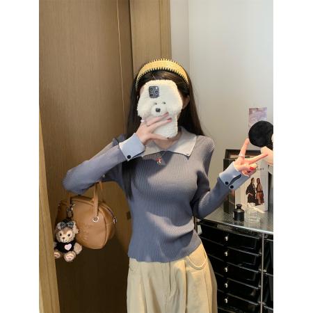 FA50275# 拼色修身POLO上衣假两件针织衫翻领T恤 服裝批發女裝批發服飾貨源