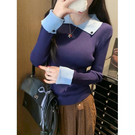 FA50275# 拼色修身POLO上衣假两件针织衫翻领T恤 服裝批發女裝批發服飾貨源