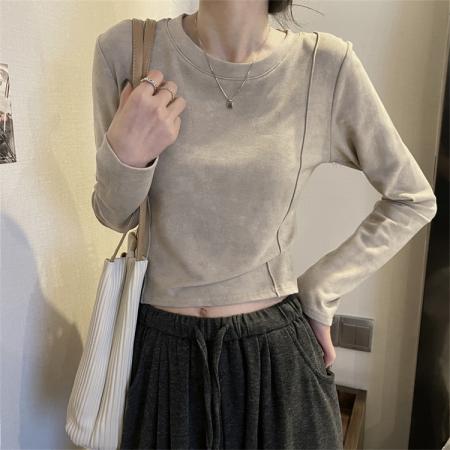 FA50276# 别致圆领长袖打底衫秋冬加绒磨毛加厚短款长袖t恤女 服裝批發女裝批發服飾貨源