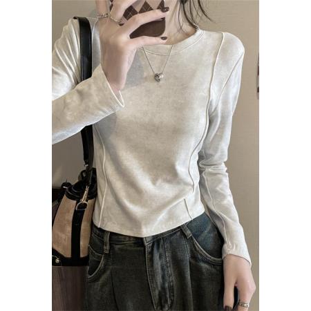 FA50276# 别致圆领长袖打底衫秋冬加绒磨毛加厚短款长袖t恤女 服裝批發女裝批發服飾貨源