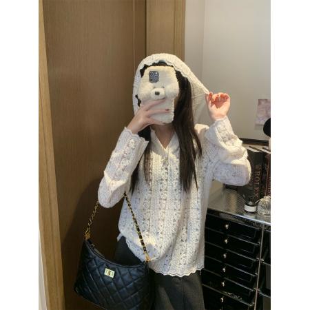 FA50278# 磨毛提花镂空蕾丝衫女宽松百搭连帽打底衫叠穿上衣 服裝批發女裝批發服飾貨源