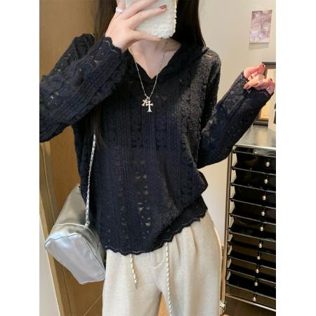 FA50278# 磨毛提花镂空蕾丝衫女宽松百搭连帽打底衫叠穿上衣 服裝批發女裝批發服飾貨源