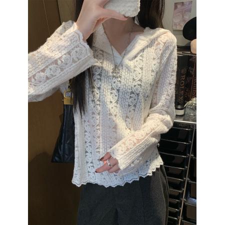 FA50278# 磨毛提花镂空蕾丝衫女宽松百搭连帽打底衫叠穿上衣 服裝批發女裝批發服飾貨源