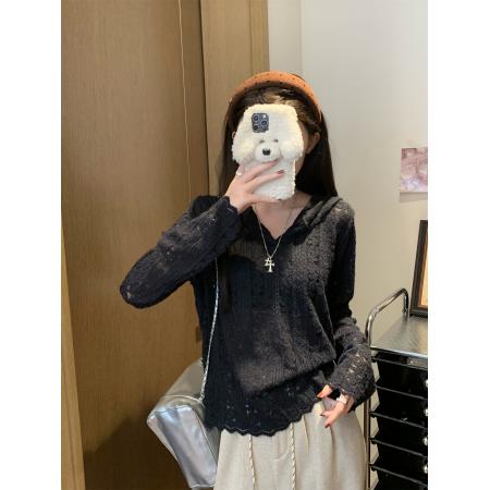 FA50278# 磨毛提花镂空蕾丝衫女宽松百搭连帽打底衫叠穿上衣 服裝批發女裝批發服飾貨源