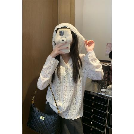 FA50278# 磨毛提花镂空蕾丝衫女宽松百搭连帽打底衫叠穿上衣 服裝批發女裝批發服飾貨源