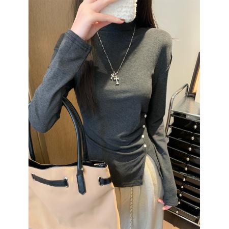 FA50280# 半高领长袖T恤秋冬大码女装抓绒保暖遮肉打底衫上衣 服裝批發女裝批發服飾貨源