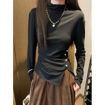 FA50280# 半高领长袖T恤秋冬大码女装抓绒保暖遮肉打底衫上衣 服裝批發女裝批發服飾貨源